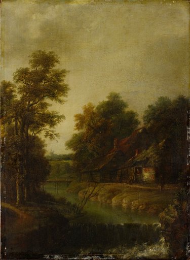 Farmhouses on a River with a Weir