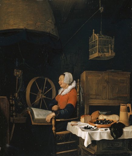 Woman Asleep Over Reading at a Spinning Wheel