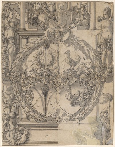 Stained-Glass Design with the Alliance Coat of Arms Bischoff-Han, Flanked Above by Europe and America, with the Sacrificial Death of Marcus Curtius in the Upper Panel