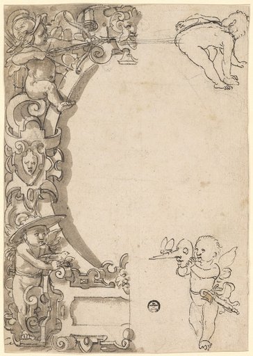 Stained-Glass Design with Oval Frame and Empty Central Panel, with Putti in the Corners