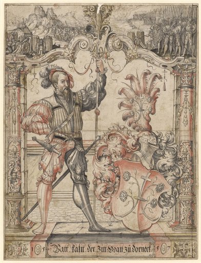 Window design with a warrior as supporter and the coat of arms of Beat Kalt von Dorneck, Vogt of Solothurn, in the upper image the siege of a castle (Dorneck?)