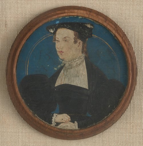 Round medallion with a half-length portrait of a young woman wearing a black cap, facing left