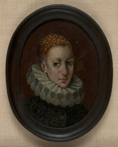 Portrait miniature of a younger woman with a golden hairnet and large ruff facing right, in an oval frame
