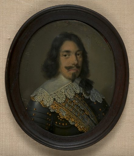 Portrait miniature of Duke Bernhard of Weimar in armor and attire of the Thirty Years' War facing right, in an oval frame