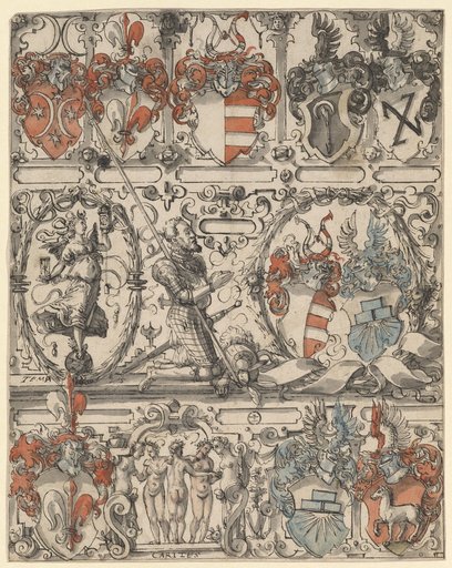 Window design with a kneeling knight accompanied by Tempus, and the coat of arms of Gebhardt/Kriegelstein and other coats of arms (design for Hans Wernhard Gebhardt 1558–1605)