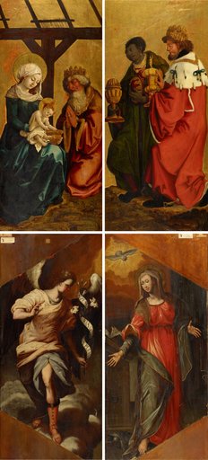The Adoration of the Kings (Interior, left: The Oldest King before the Holy Family, right: Two Kings); The Annunciation (Exterior, left: Angel of the Annunciation, right: Maria Annunziata)