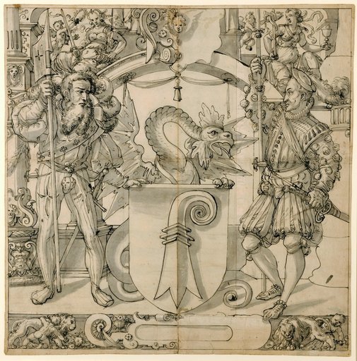 Stained Glass Design with Two Warriors and the Basel Civic Coat of Arms, with Justitia and Fides in the Upper Panels
