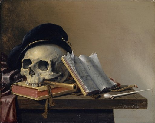Still Life with Skull, Books, Flute, and Pipe