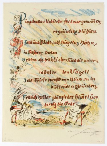Birds and Flowers lightly sketched in the upper left and lower left; two storks and two frogs below
