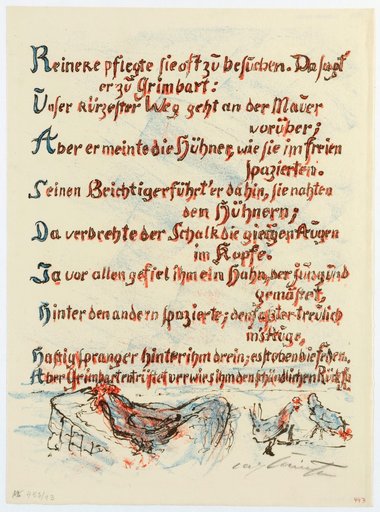 Below the text, a crowing rooster and two hens