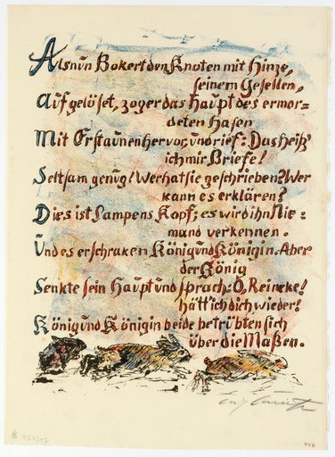 Below the text, hares running to the right