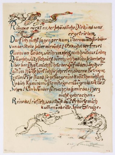 Above the text, some fish and snakes; below, a fencing match