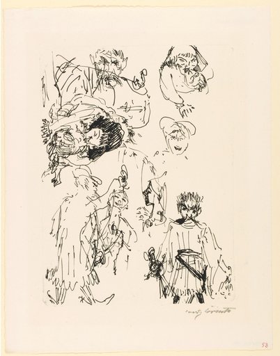 Several Depictions on One Sheet: To the Right Below, a Man with Shaggy Hair and a Large Mustache in Frontal View, Holding a Sword in His Right Hand and a Key Ring in His Left. To the Left of His Head, a Female Head with a Pointed Hood [...]