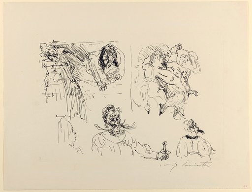 Mehrere Darstellungen auf einem Blatt: auf der r. Seite ein tanzendes Paar; auf der l. eine ähnliche Szene wie in Nr. IX. – Unten: das Brustbild eines Mannes mit grossem Schnurrbart [...]