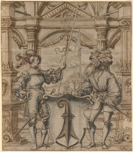 Shield Design with Two Warriors as Supporters and the Coat of Arms of Basel