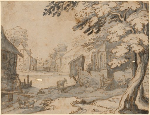 Village Landscape with Stream and Gothic Chapel