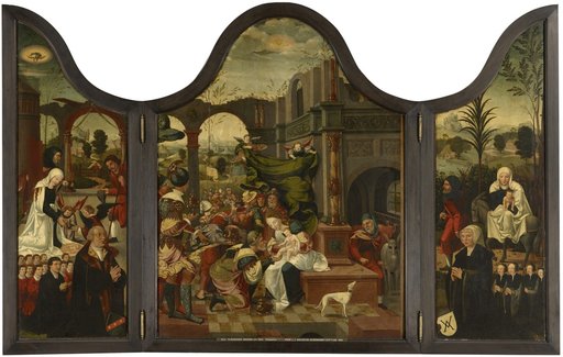 Adoration of the Magi (Central Panel); Adoration of the Shepherds with Donor and Sons (Inner Side of Left Wing); Flight into Egypt with Donor and Daughters (Inner Side of Right Wing); Annunciation (Outer Sides of Wings)