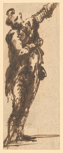 Standing Young Man with Left Arm Raised Upward