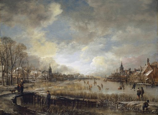 Two Towns on a Frozen River with Golfers and Ice Skaters