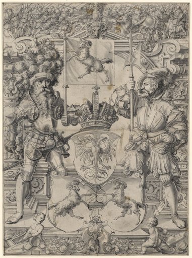 Stained-Glass Design with Two Warriors as Shield-Bearers and the Coat of Arms of Schaffhausen, with a Battle Scene in the Upper Part