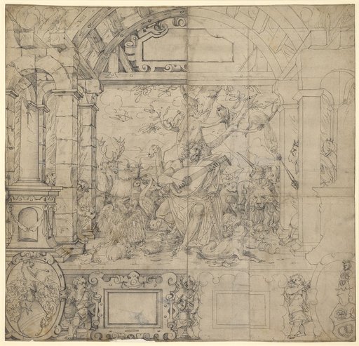 Stained-Glass Design with Orpheus, with the Coats of Arms of Balthasar Han and Beck Below