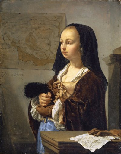 Young Lady Ready to Go Out with a Feather Fan