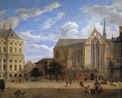 The Dam in Amsterdam against the Town Hall and the Nieuwe Kerk