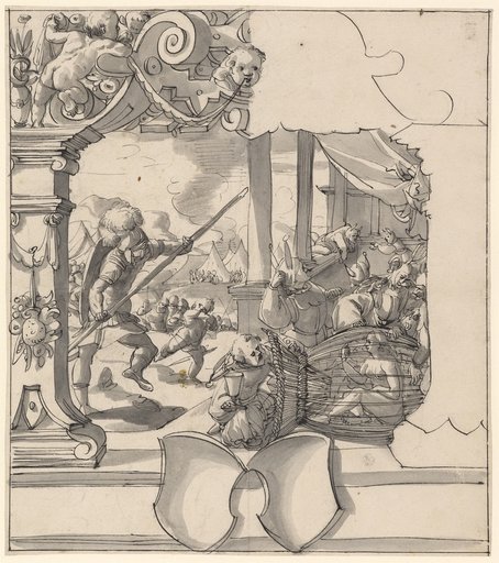 Stained Glass Design with David's Fight against Goliath and a Fool's Trap, Below Two Empty Coats of Arms
