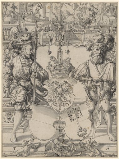 Stained Glass Design with Two Warriors as Supporters and the Coat of Arms of Unterwalden, Above the Garden of Baumgarten, Who Kills the Wolfenschiessen in the Bath, and Winkelried, Who Kills the Dragon