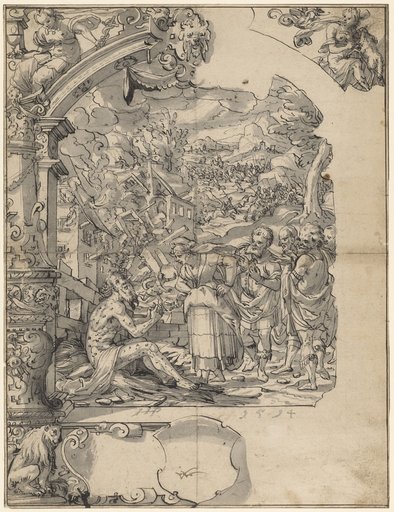 Stained Glass Design with the Mocking of Job, in the Upper Corner Images Fides and Caritas, Below an Empty Coat of Arms