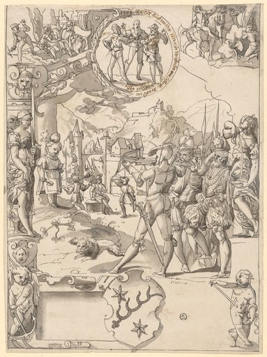 Stained Glass Design with William Tell's Apple Shot, Above in the Medallion the Rütli Oath, Above Tells Jump from the Ship and Gessler's Death, Below the Coat of Arms of the Zurich Family Lochmann
