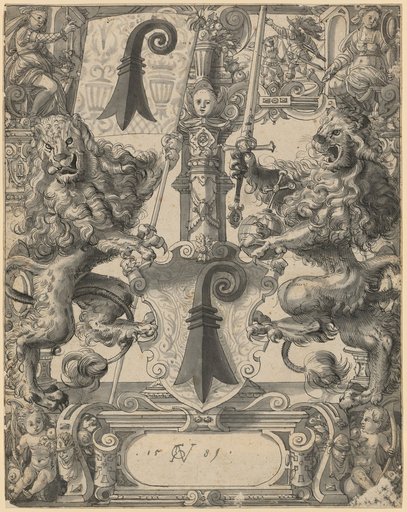 Window Design with Two Lions as Supporters and the Coat of Arms of the Canton of Basel, with Justitia and David's Fight against Goliath in the Upper Corner Images