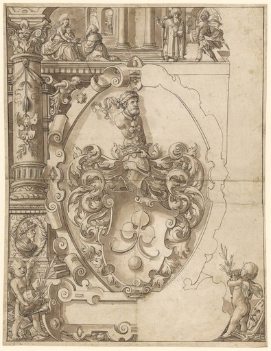 Window Design with the Krug Coat of Arms, Basel (Kaspar or Melchior Krug), with the Adoration of the Kings in the Upper Image