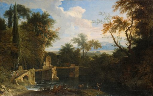 Italianizing river landscape with a wooden makeshift bridge