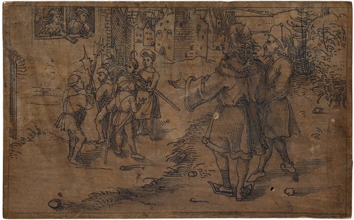 Thraso and Gnatho Elevated, Looking at Thais and Chremes and Armed Men (Eun. IV.7)