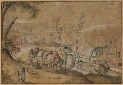 Peasant Scene with a Stubborn Donkey in Front of a Village