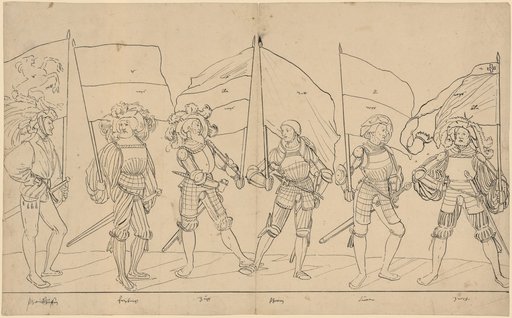Sechs Bannerträger: Schaffhausen, Freiburg, Zug, Schwyz, Luzern, Zürich