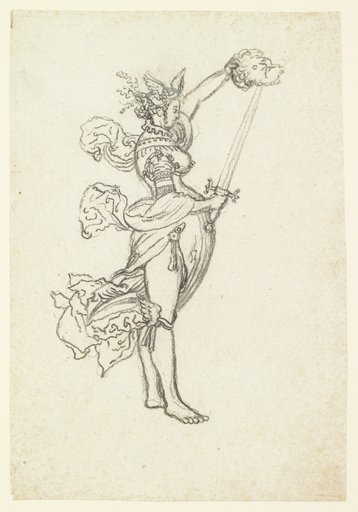 Stehende Frau mit Schwert, darauf ein aufgespiesster Männerkopf (Judith)