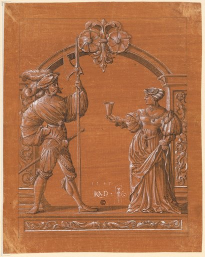 Stained Glass Design with Woman Offering Welcome Drink to a Landsknecht