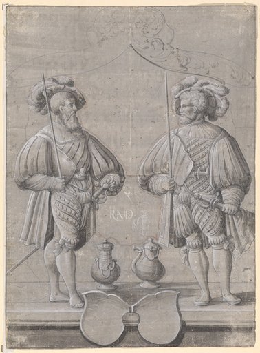Stained Glass Design with Two Reisläufer Mercenaries Below Two Empty Shields