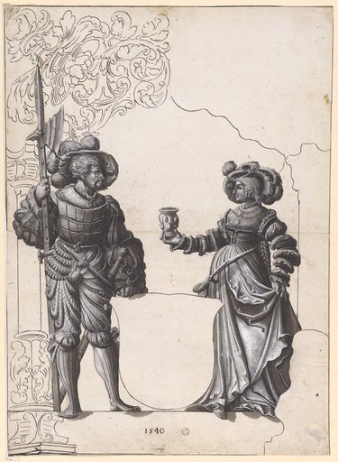 Stained Glass Design with Woman Offering Welcome Drink to a Halberdier and an Empty Shield