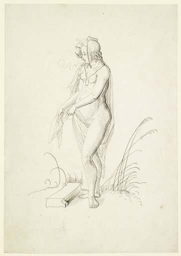 Nackte Frau mit Barett und Schleier