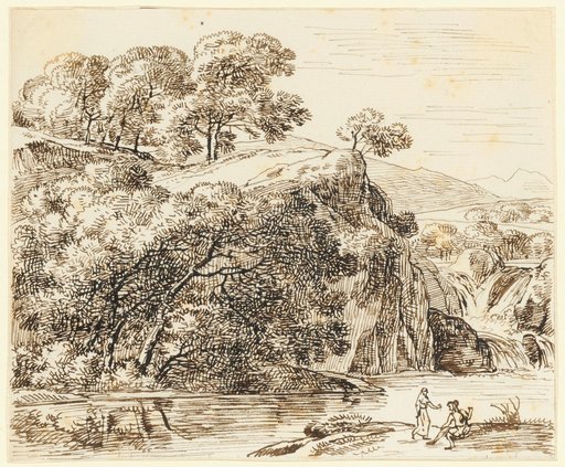 Wooded Landscape by a River, Two Figures at the Shore in the Foreground Right