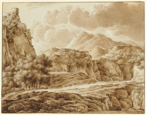 Two Figures in a Rocky Landscape with a Castle Ruin