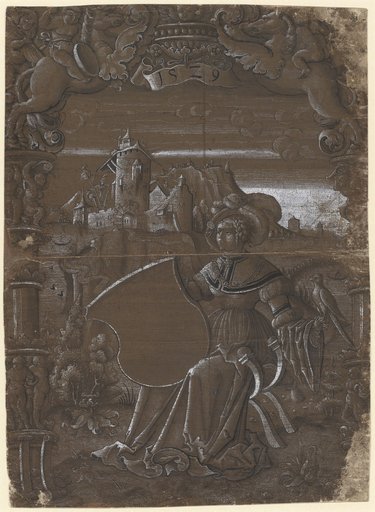 Glass Design with a Seated Shield-Bearer Holding an Empty Coat of Arms and a Falcon on Her Left Arm
