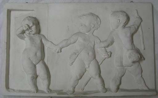 Two Cherubs Setting Out on a Journey, Bidding Farewell to a Third (One of Ten Plaster Casts Depicting Scenes of Pottery from the Relief Frieze on the House of Arnold Böcklin's Brother, the Master Potter Walter Böcklin)