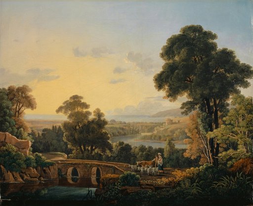 Hilly Landscape with River and Bridge