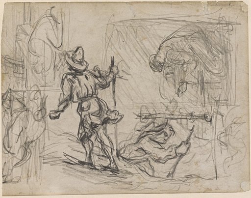Two Men; Woman at a Coffin