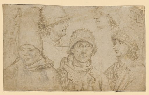 Sketchbook Page with Head and Figure Studies; Recto: Five Male Heads or Busts, a Sketch of a Woman in Profile (Top Left), and a Man (Top Right)