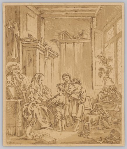 Interior Scene: Woman with Children at an Open Window During Reading Lesson